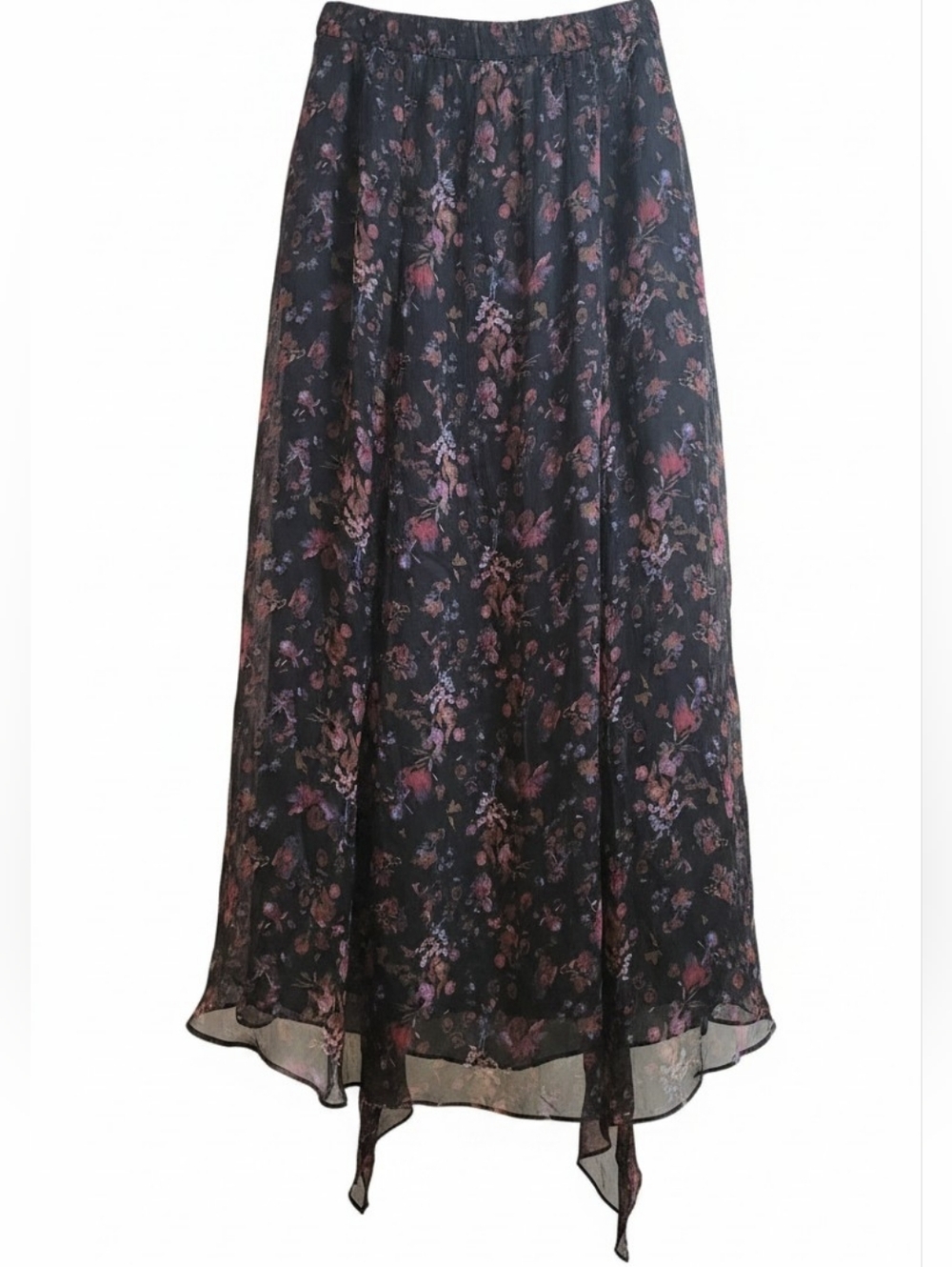 Peruvian Connection Dark Black Floral Midi Silk Skirt